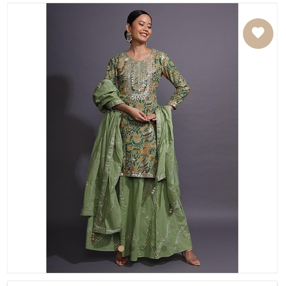 NWT Moss Green Sharara Suit With Floral Print And Gotta Patti Embroidered Yoke